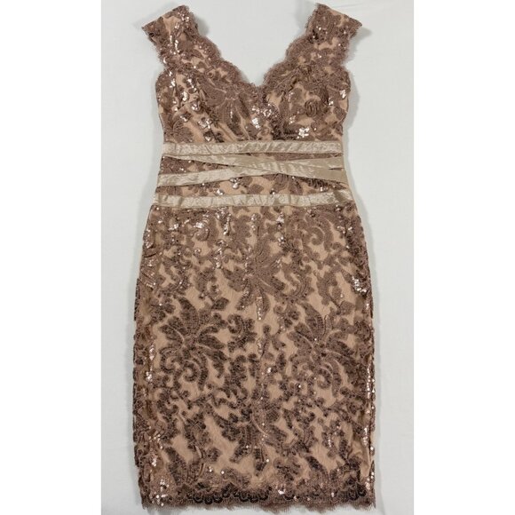 Tadashi Shoji Size 6 Nude Rose Sequin Lace Sheath Dress • Cocktail Formal Glam - Picture 3 of 15